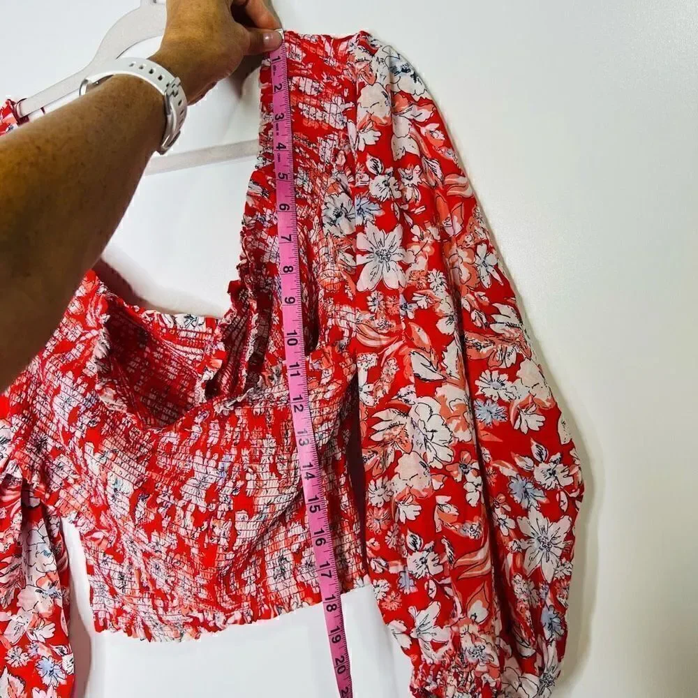 Free People Pink Red White Floral Crop Puff Blouson Sleeve Blouse